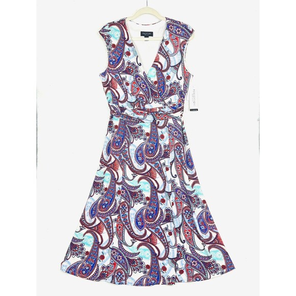 Perceptions Blue Red Paisley Dress Womens SZ LG Fit & Flare V Neck Sleeveless - Picture 2 of 10
